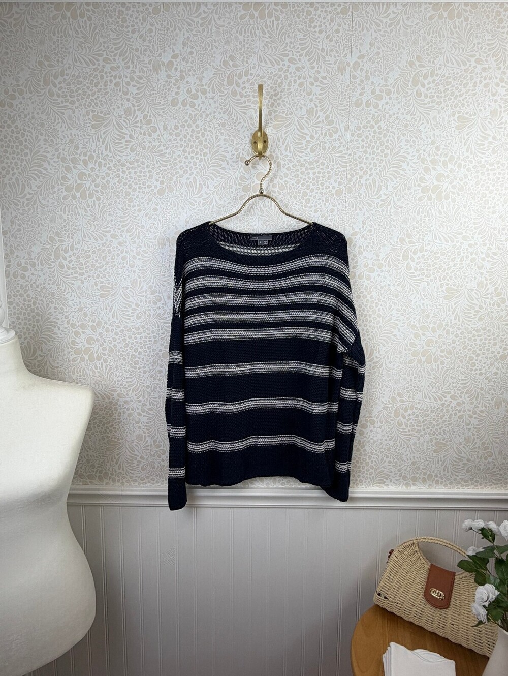 Vince Navy and White Striped Oversized Boatneck Knit Sweater - Size - Medium
